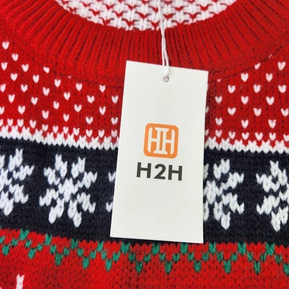H2H Christmas Sweater Mens Large Red Santa Reindeer Snowflake Festive Knit